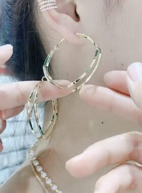 S925银针方形耳圈2024年新款潮网红夸张大气菱形耳圈耳坠女耳饰