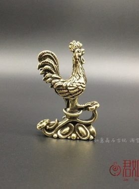 实心黄铜吉祥如意摆件 全铜迷你小公鸡踩如意美好寓意铜摆件