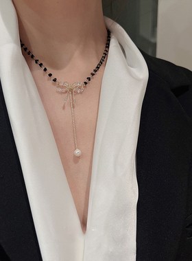 水晶蝴蝶结吊坠项链女轻奢小众设计感2024年新款潮高W级感气质颈