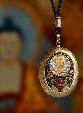 黄铜嘎乌盒吊坠大日如来手工项链黄财神观世音P空心可打开藏式挂