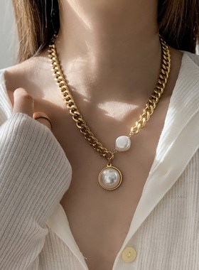 夸张金色粗链大珍珠项链  欧美潮人网红时尚设Q计感脖子饰品锁骨