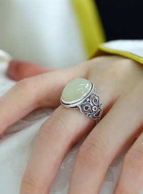 925银新中式复古民族风和田玉蛋面戒指环如意R祥云开口调节女简约
