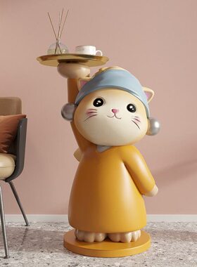 创意艺术猫卡通托盘落地摆件客厅玄关轻奢高级感家居乔迁新居礼品