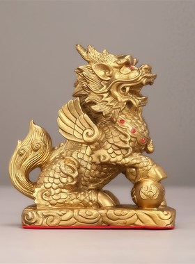 铜麒麟摆件公母一对纯黄铜家用办C公室店铺开业装饰品家居摆设大