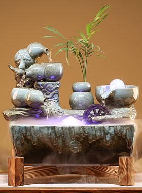 创意招财循环流水摆件加湿器家居客厅办公O室桌面装饰品开业送礼