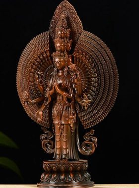 千手观音古铜雕花千臂千眼菩萨观音家用客厅桌面铜像摆件