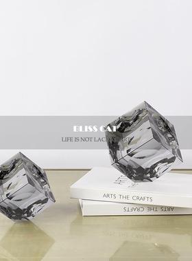 现代轻奢灰色方形水晶摆件样板房客厅茶几桌面咖色方块创意装饰品