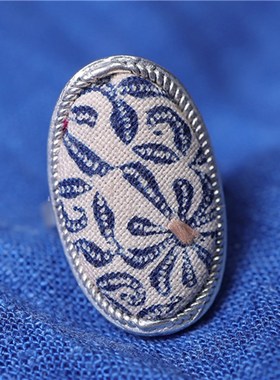 【蓝染】民族风手工苗银蜡染戒指小清新可调节植物U染蓝色指环饰