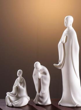 禅意摆件白瓷人物中式小和尚茶室桌面配件陶瓷无相佛盆景鱼缸装饰