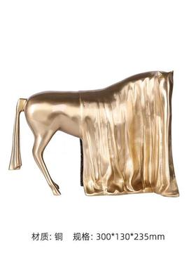 现代轻奢样板房客厅茶几售楼处酒店大堂洽谈桌纯铜马花艺托盘摆件