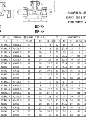 伊顿永华标准碳钢卡套式中间端活动内螺纹三通接头BC BD系列