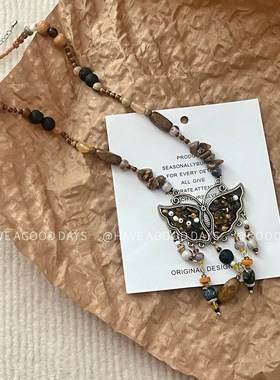 民族风蝴蝶流苏串珠项链小众w设计感国潮锁骨链气质高级感精致个