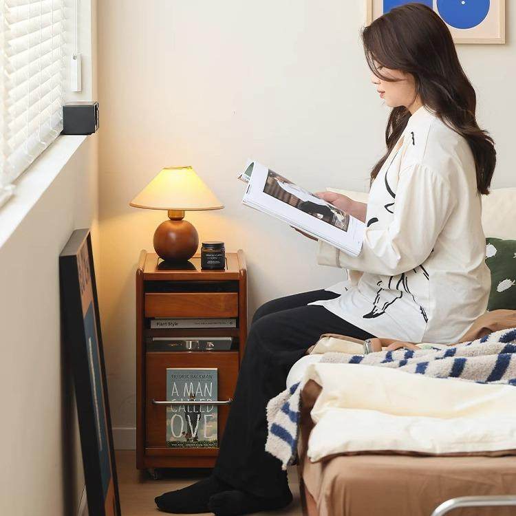 极窄床头柜小型日式樱桃木家具可移动收纳柜实木储物柜子现代简约,淘宝优惠券,粉丝福利购,淘宝优惠卷