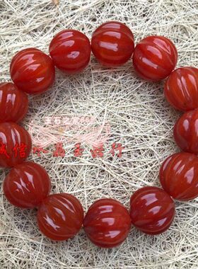 天然玛瑙老南红玛瑙瓜珠圆珠子手链 柿子红南瓜棱珠男女款手串旧