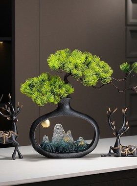 新中式迎客松摆件玄关博古架电视柜酒柜茶室书柜装饰Y品乔迁礼物