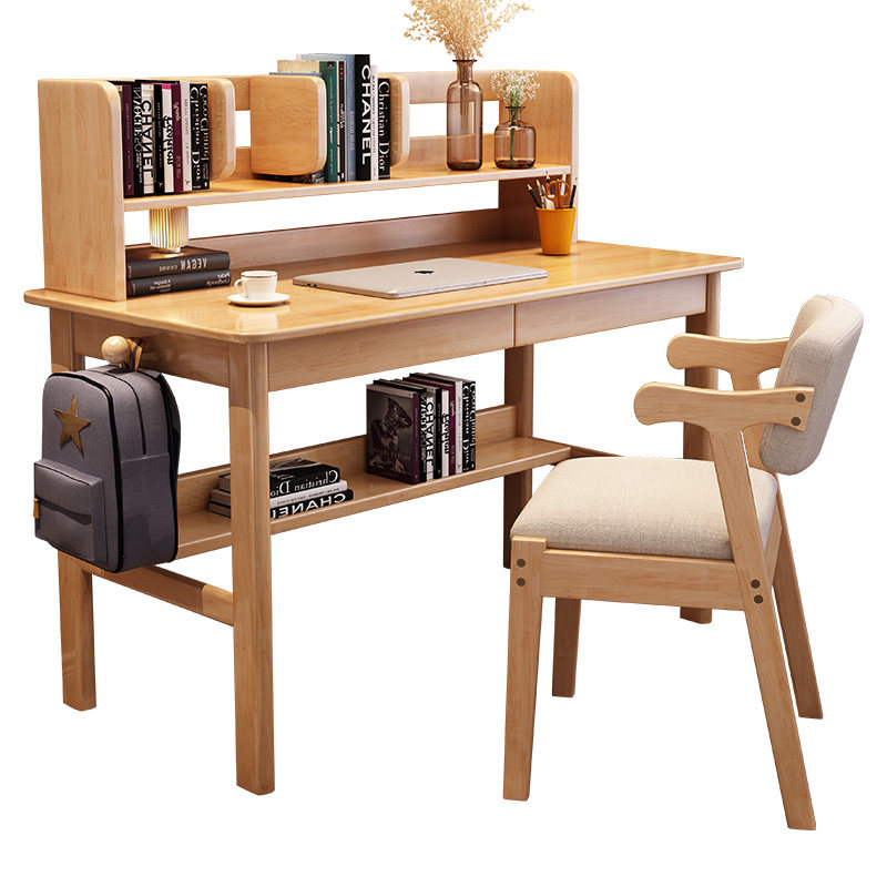 全实木书桌带书架学生家用简约写字台式电脑桌卧室北欧学习写字桌,淘宝优惠券,粉丝福利购,淘宝优惠卷