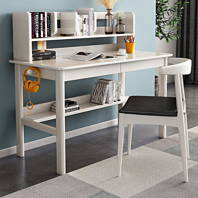 全实木书桌带书架学生家用简约写字台式电脑桌卧室北欧学习写字桌,淘宝优惠券,粉丝福利购,淘宝优惠卷