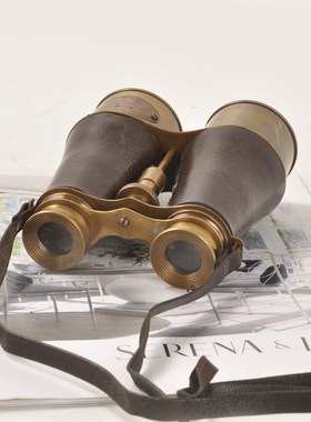 印度进口黄铜手工覆古怀旧双筒望远镜英伦皇家P海军带皮盒装饰摆