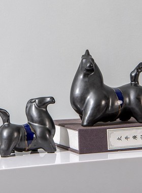 新中式博古架工艺品家居禅意酒柜陶瓷小马软装饰R品客厅珐琅彩摆