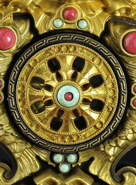 铜制组合八吉祥摆件双鹿金轮檀木底座家用玄关办公工艺品吉祥八宝