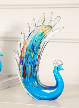 现代轻奢艺术彩色琉璃孔雀动物摆件客厅酒柜玄关高档工艺品装饰品