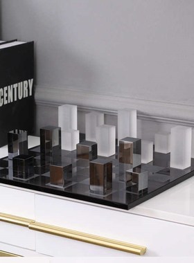 现代简约大理石水k晶玻璃棋盘摆件售楼处样板房装饰品轻奢国际象