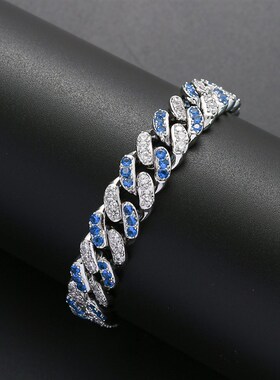 跨境欧美b嘻哈手链 12mm微镶海蓝白锆石古巴链hiphiop嘻哈潮流配