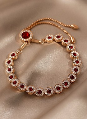 玫瑰金红水晶复古手链女ins小众设计简约冷淡风S手镯韩版网红手饰