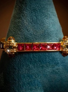 vintage中古风英产经典双色古董珠宝手链O重工红刚玉紫钻手镯手环