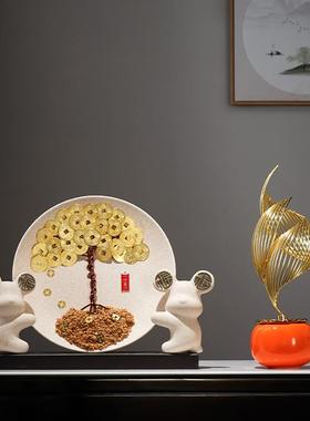 轻奢暖居客厅摇钱树装饰品新中式发财树挂盘平安喜乐电视酒柜摆件