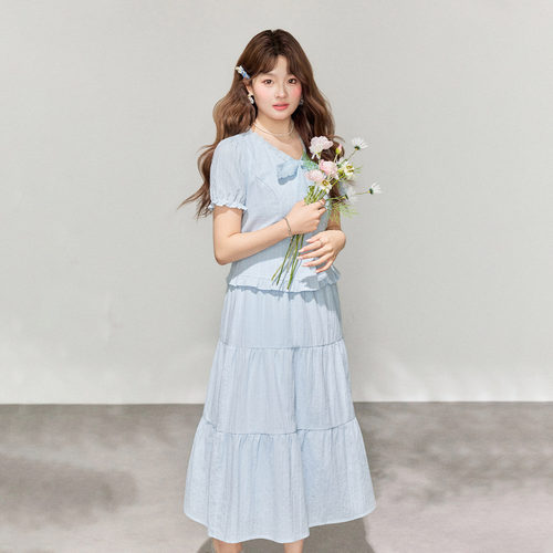 IEF/爱依服【微胖】大码女套装2026夏新款气质短袖T恤蛋糕裙长裙 - 图1