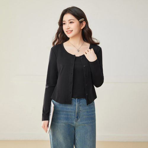 IEF/爱依服【微胖】大码女装2025秋季新款韩版简约纯色两件套上衣 - 图3