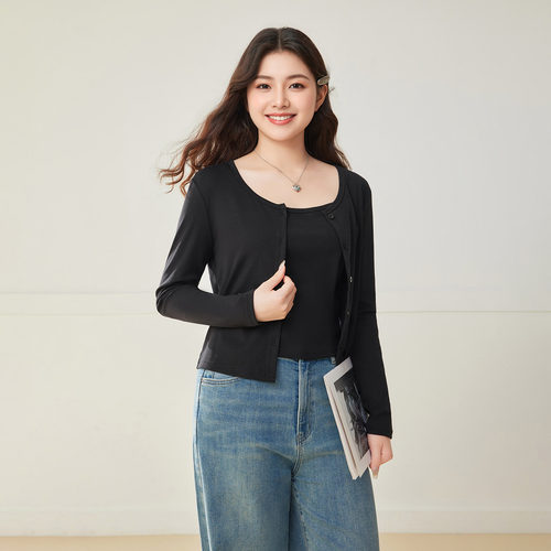 IEF/爱依服【微胖】大码女装2025秋季新款韩版简约纯色两件套上衣 - 图2