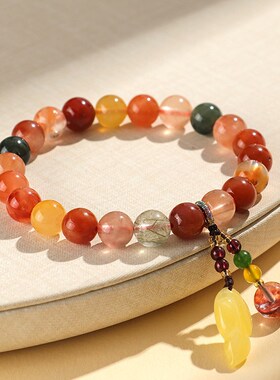 新中式福a禄寿串珠水晶手链女文艺复古原创蜜蜡树叶手串首饰