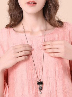 毛衣链长款2024m年新款百搭女简约时尚小猫咪水晶吊坠配饰大气项