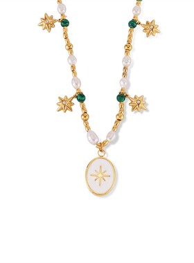 日韩INS几何滴油镶钻八芒星吊坠淡水珍珠孔雀石钛钢W圆珠串珠项链