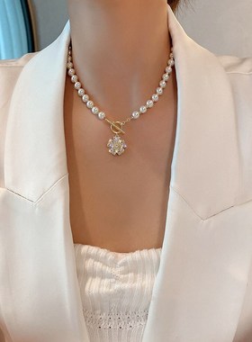 韩版时尚小e清新锆石高亮项链珍珠颈链女气质甜美风花朵OT扣锁骨