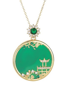 天然冰种a玉髓镶嵌吊坠挂件翡翠色满绿阳绿圆形山水无事牌男女项