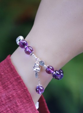 天然紫水晶刻面手k链搭配s925银招财猫配件设计优雅男女生款式手