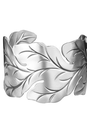 足银复古名d族风百搭个性女饰夸张开口宽版纹理 大叶子手镯新款