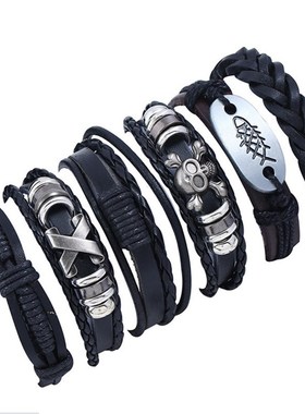 厂家直销编织套装牛皮手s链跨境一件代发复古欧美男士真皮手链饰