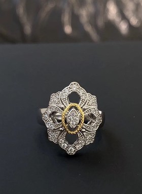 法式欧美高级感布契风银色蕾丝镂C空镶钻戒指中古精致白金双色指