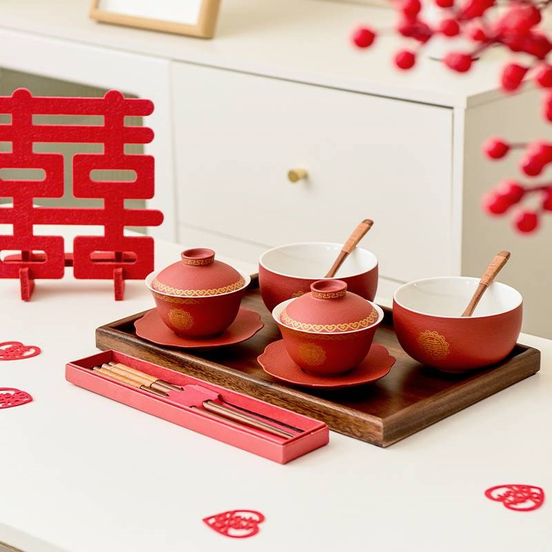 Palace red modified toast tea cup wedding tea set wedding dowry ceramic pair of bowls and chopsticks new Chinese wedding supplies