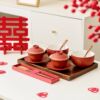 Palace red modified toast tea cup wedding tea set wedding dowry ceramic pair of bowls and chopsticks new Chinese wedding supplies