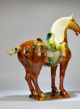 60cm洛阳唐三彩大马陶瓷摆件 纯手工中式复古门厅玄关装饰品对马