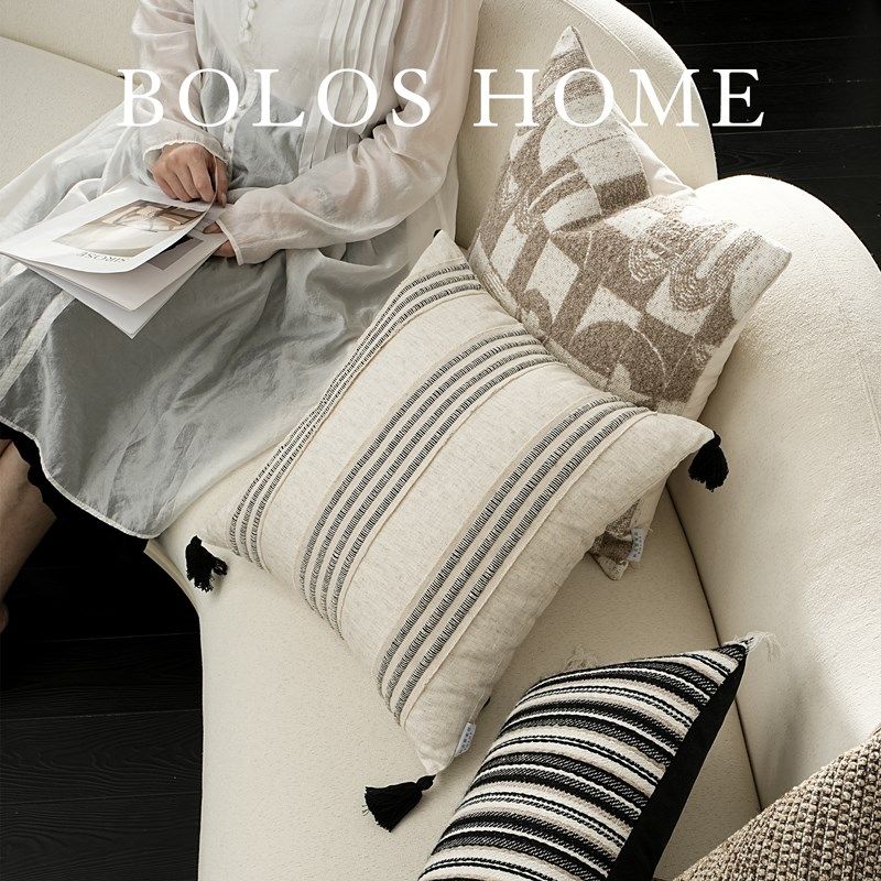 柏洛斯高端布艺侘寂风新款客厅沙发抱枕组合棕色流苏腰靠枕内胆套,淘宝优惠券,粉丝福利购,淘宝优惠卷