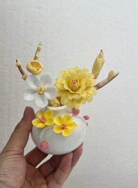 新品陶瓷摆件纯手工制作精致黄色梅花牡丹套组桌面装饰摆件