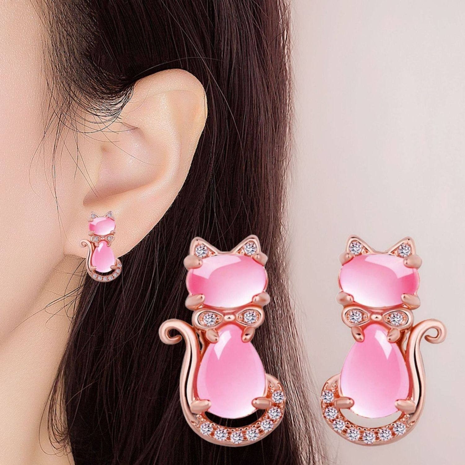 时尚粉晶芙蓉石吊坠猫咪耳钉戒指欧美粉钻石可爱猫戒指首饰套装,淘宝优惠券,粉丝福利购,淘宝优惠卷