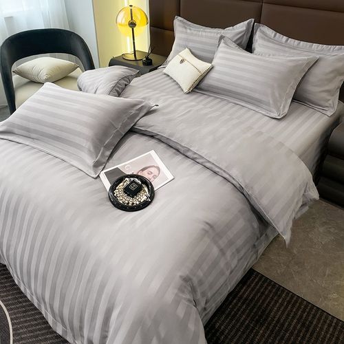酒店白色缎条条纹四件套加厚床单宾馆民宿被套三件套被子含芯全套 - 图1