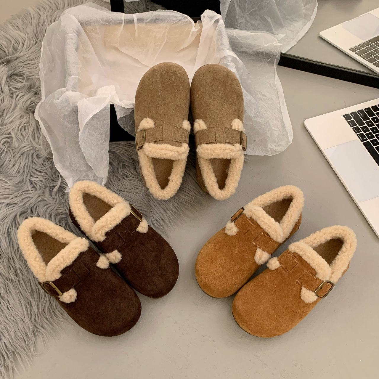 牛皮版~复古厚底毛毛鞋女外穿2025新款秋冬季真皮加绒博肯鞋棉鞋 - 图1